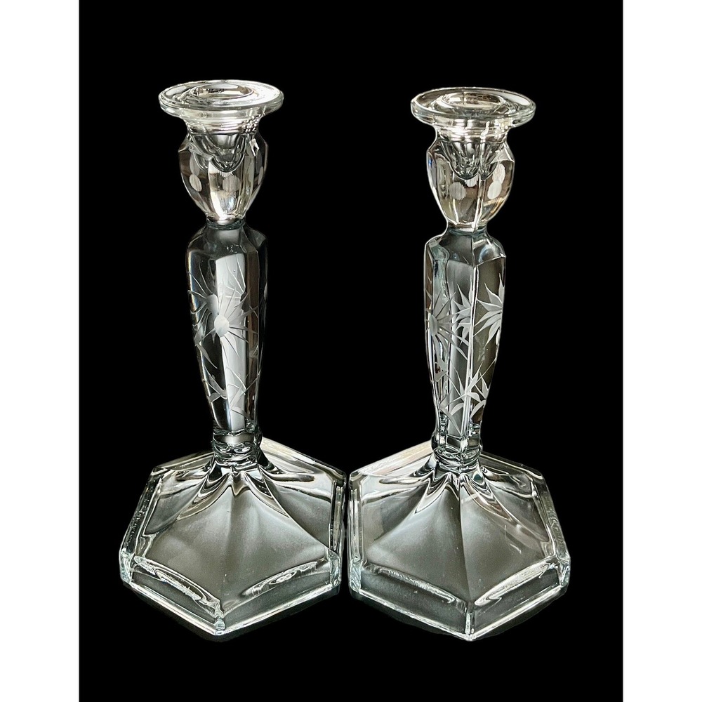 Vintage Pair Of Floral Etched Clear‎ Glass Candlesticks 8-1/2" Tall